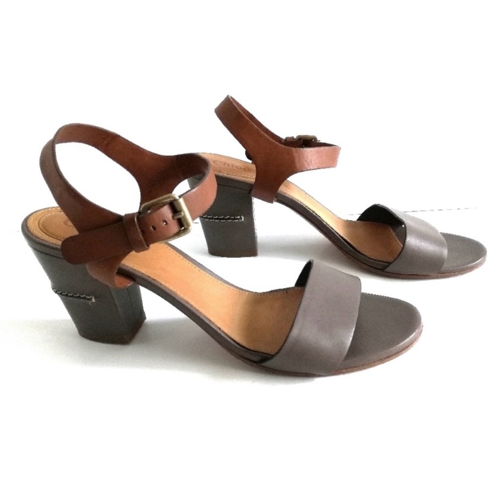 Chloé Taupe & Brown Leather Block Heel Sandals Size 9.5